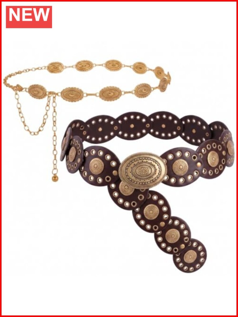 2 Pc Boho Western Faux Leather Belt & Concho Waist Chain Set